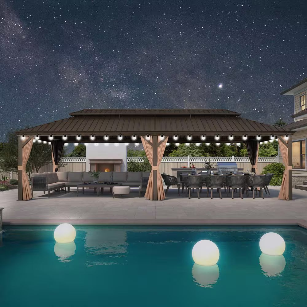 12 Ft.X 26 Ft.Bronze Patio Outdoor Gazebo for Backyard Hardtop Aluminum Frame with Hooks,Netting,Khaki Curtain,48-Lights