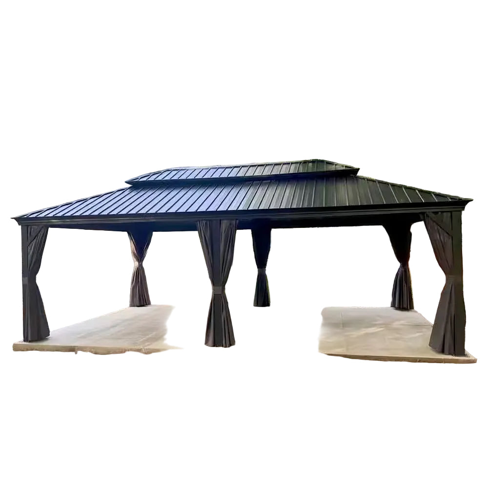 13 Ft. X 20 Ft. Gray Aluminum Power-Coated Frame Galvanized Steel Double Roof Hardtop Gazebo,Hooks, Netting,Gray Curtain