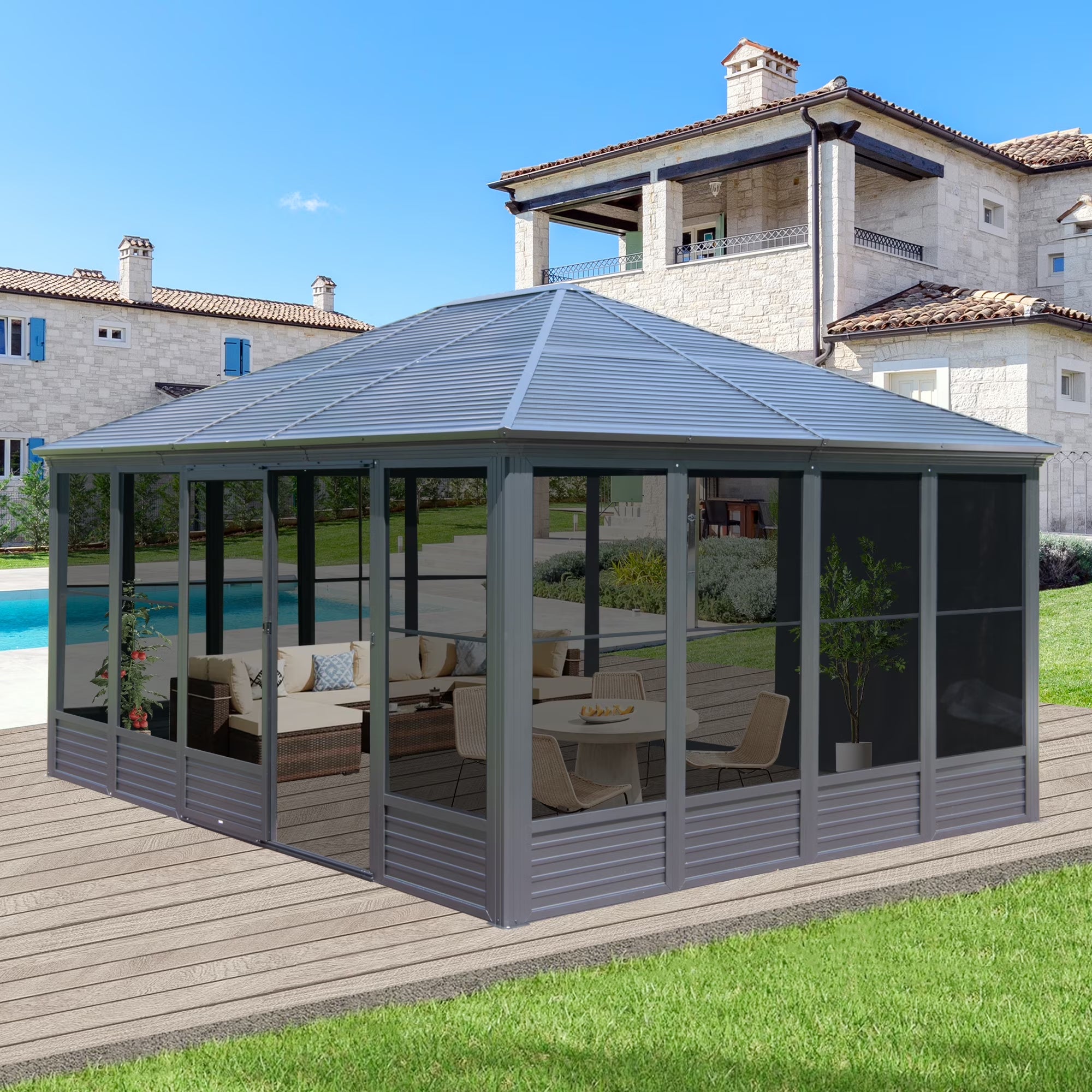 Outdoor 16.5X13 Ft Sunroom, All-Season Solarium Aluminum Hardtop Gazebo with Galvanized Steel Roof, Movable PE Screen, Sliding Door, Sun Room Pavilion Gazebo for Deck Backyard Garden