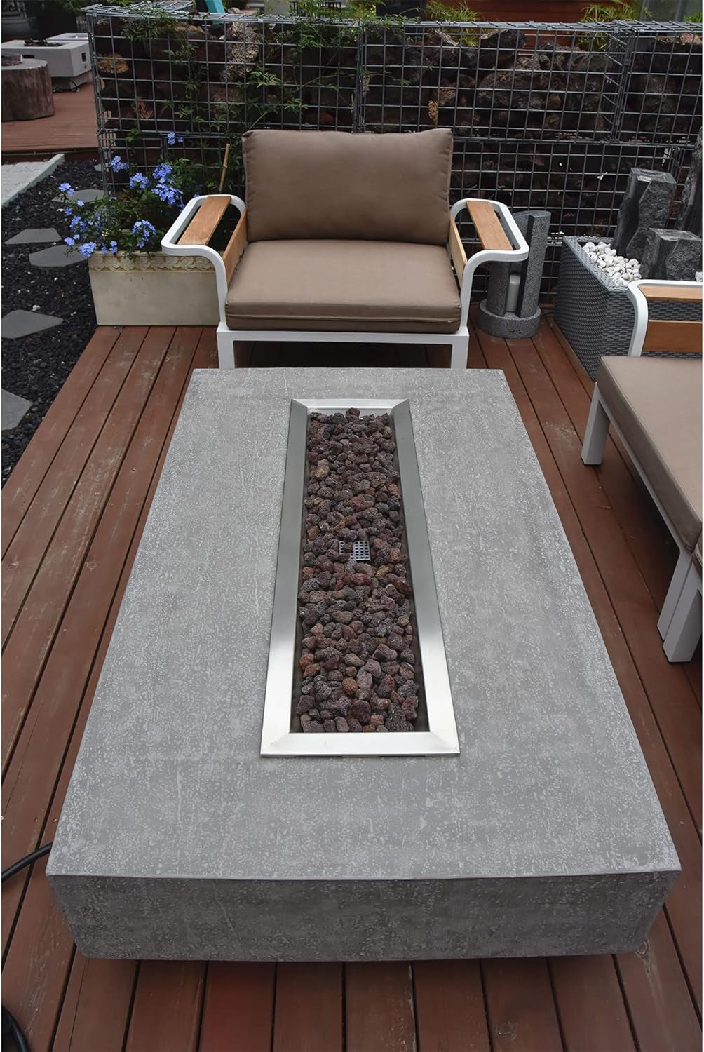 Hampton Fire Table Outdoor Fire Pit 56" X 32" Cast Concrete Firepit Includes Lava Rocks 45,000 Btus Outdoor Fireplace for Patio Furniture Set, Deck, Porch, Outdoor Heater - Liquid Propane