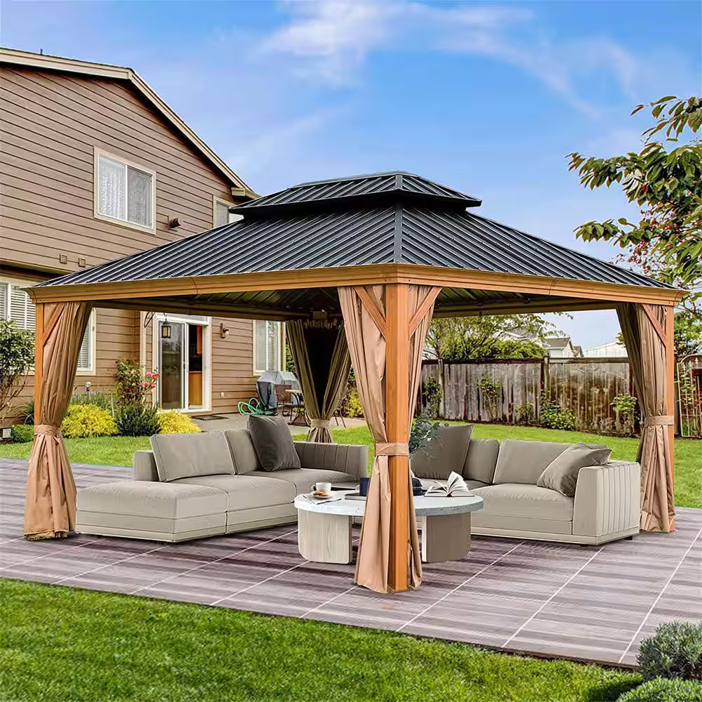 12 Ft. X 14 Ft. Wooden Coated Aluminum Frame Patio Gazebo Canopy with Galvanized Steel Double Hardtop Curtain Netting