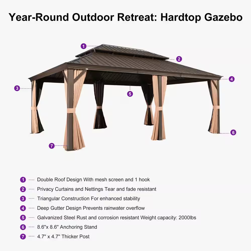 12 Ft.X 26 Ft.Bronze Patio Outdoor Gazebo for Backyard Hardtop Aluminum Frame with Hooks,Netting,Khaki Curtain,48-Lights