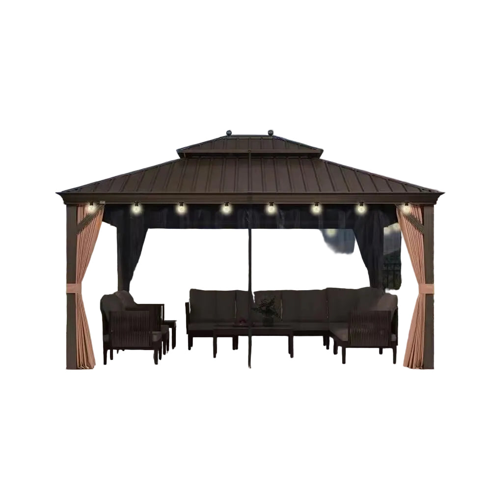 13 Ft. X 17 Ft. Bronze Patio Outdoor Gazebo for Backyard Hardtop Aluminum Frame, Hooks,Netting,Khaki Curtain, 36-Lights