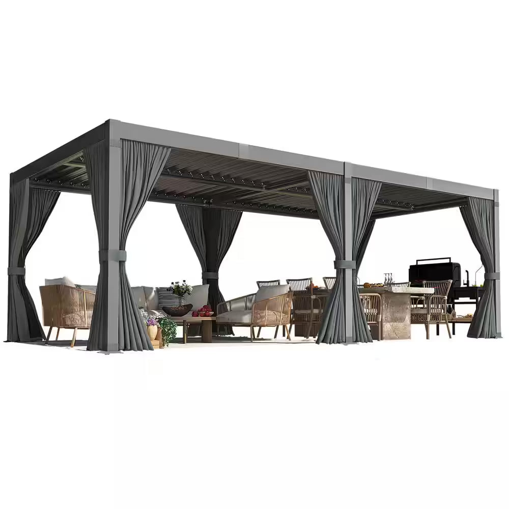 20 Ft. W X 10 Ft. D Aluminum Pergola with Adjustable Louvered Roof, Waterproof Curtains and Nets