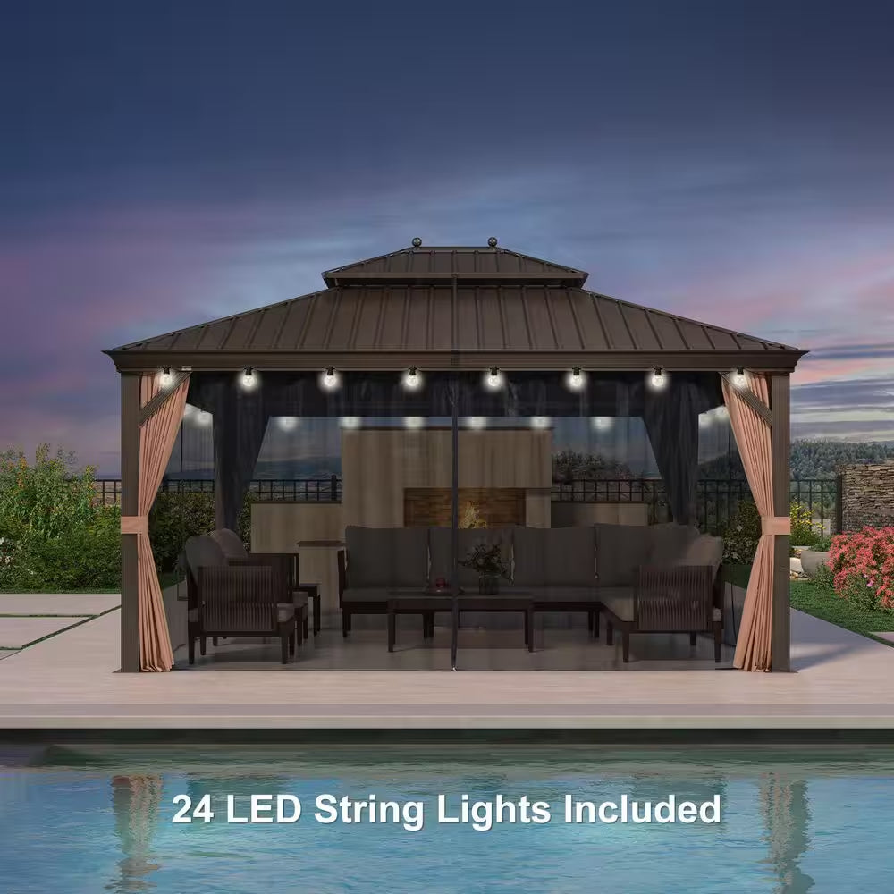 13 Ft. X 17 Ft. Bronze Patio Outdoor Gazebo for Backyard Hardtop Aluminum Frame, Hooks,Netting,Khaki Curtain, 36-Lights