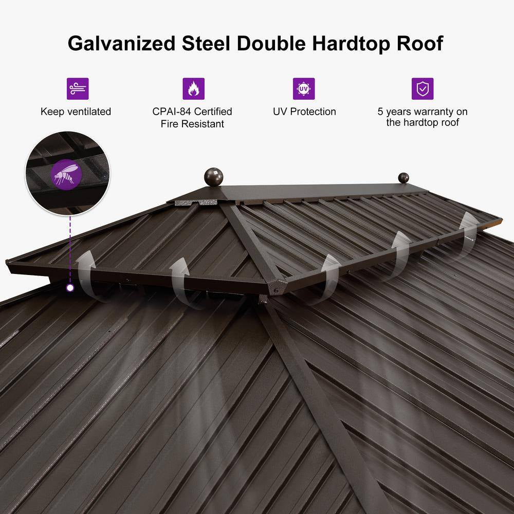 12 Ft.X 26 Ft.Bronze Patio Outdoor Gazebo for Backyard Hardtop Aluminum Frame with Hooks,Netting,Khaki Curtain,48-Lights