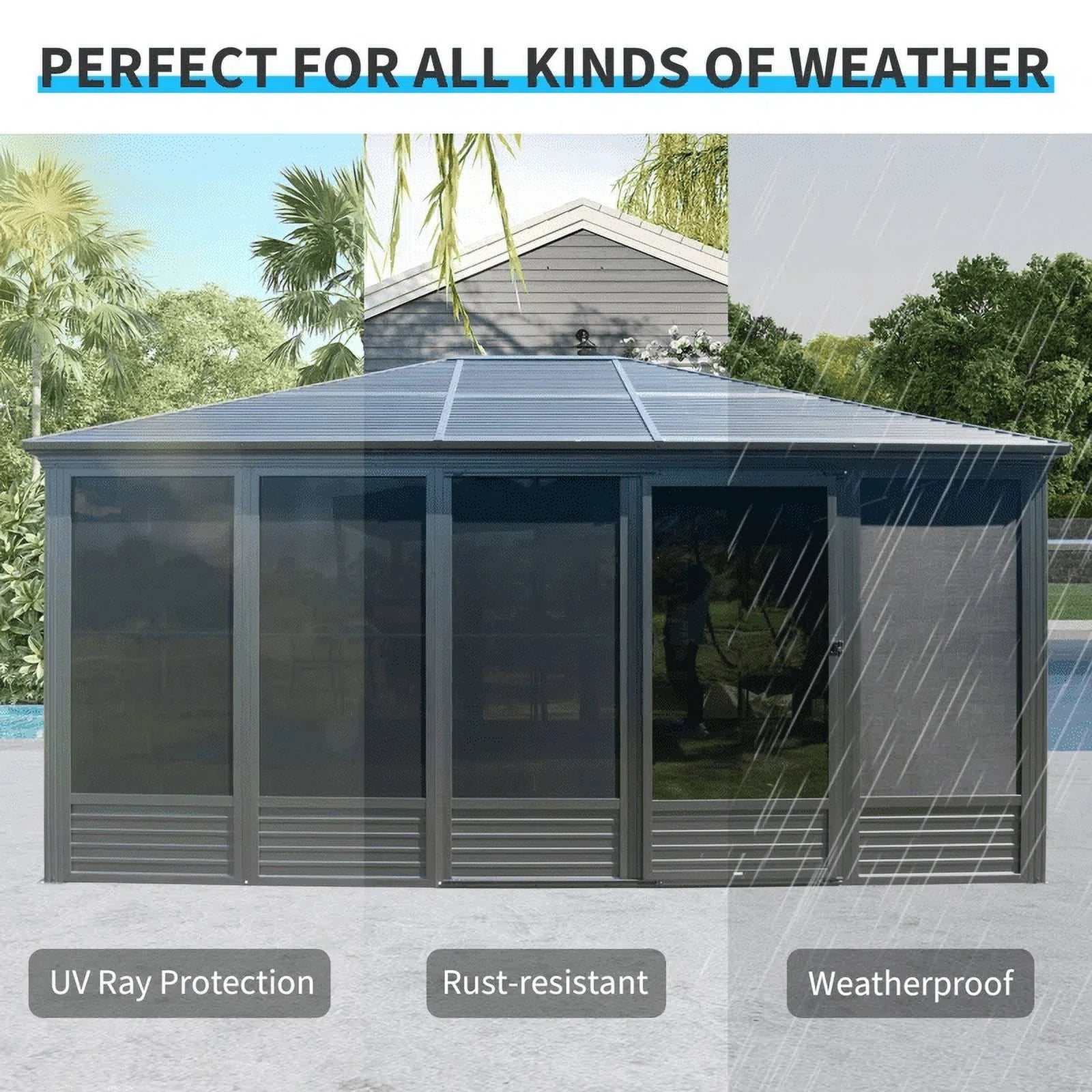 Outdoor 16.5X13 Ft Sunroom, All-Season Solarium Aluminum Hardtop Gazebo with Galvanized Steel Roof, Movable PE Screen, Sliding Door, Sun Room Pavilion Gazebo for Deck Backyard Garden