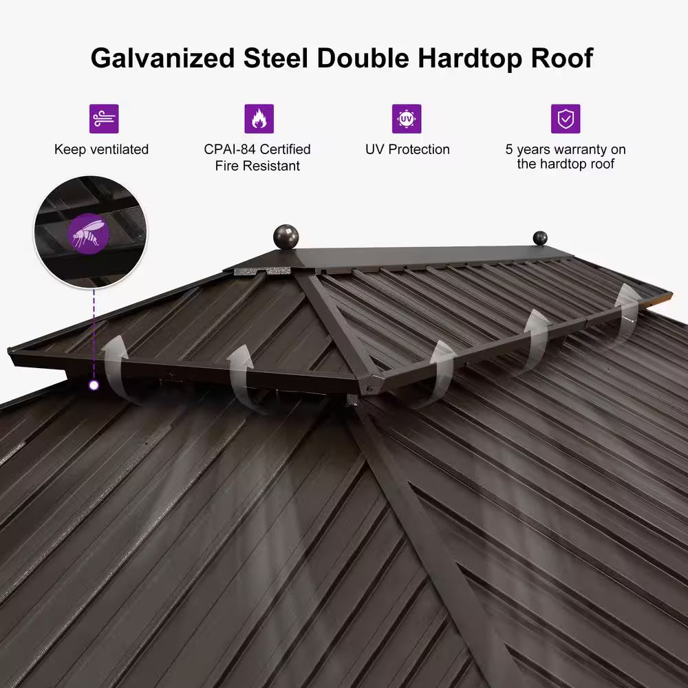 13 Ft. X 17 Ft. Bronze Patio Outdoor Gazebo for Backyard Hardtop Aluminum Frame, Hooks,Netting,Khaki Curtain, 36-Lights