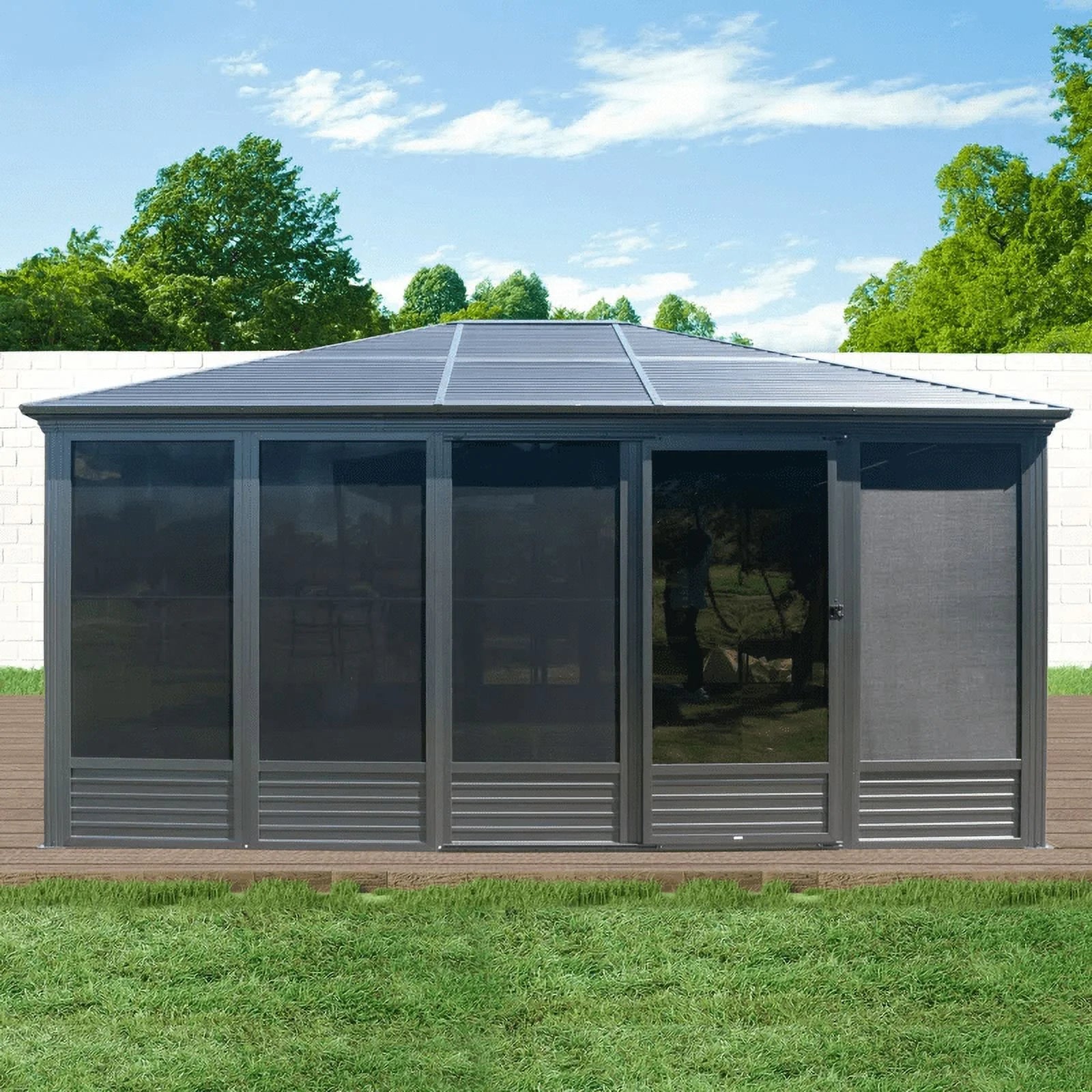 Outdoor 16.5X13 Ft Sunroom, All-Season Solarium Aluminum Hardtop Gazebo with Galvanized Steel Roof, Movable PE Screen, Sliding Door, Sun Room Pavilion Gazebo for Deck Backyard Garden