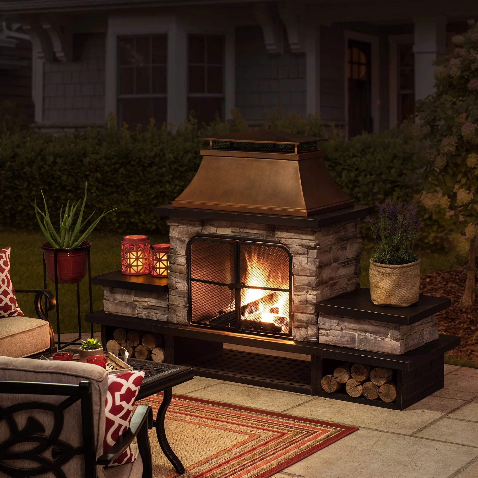 Outdoor 48 Inch Steel Wood Burning Stone Fireplace with Fire Poker and Removable Grate