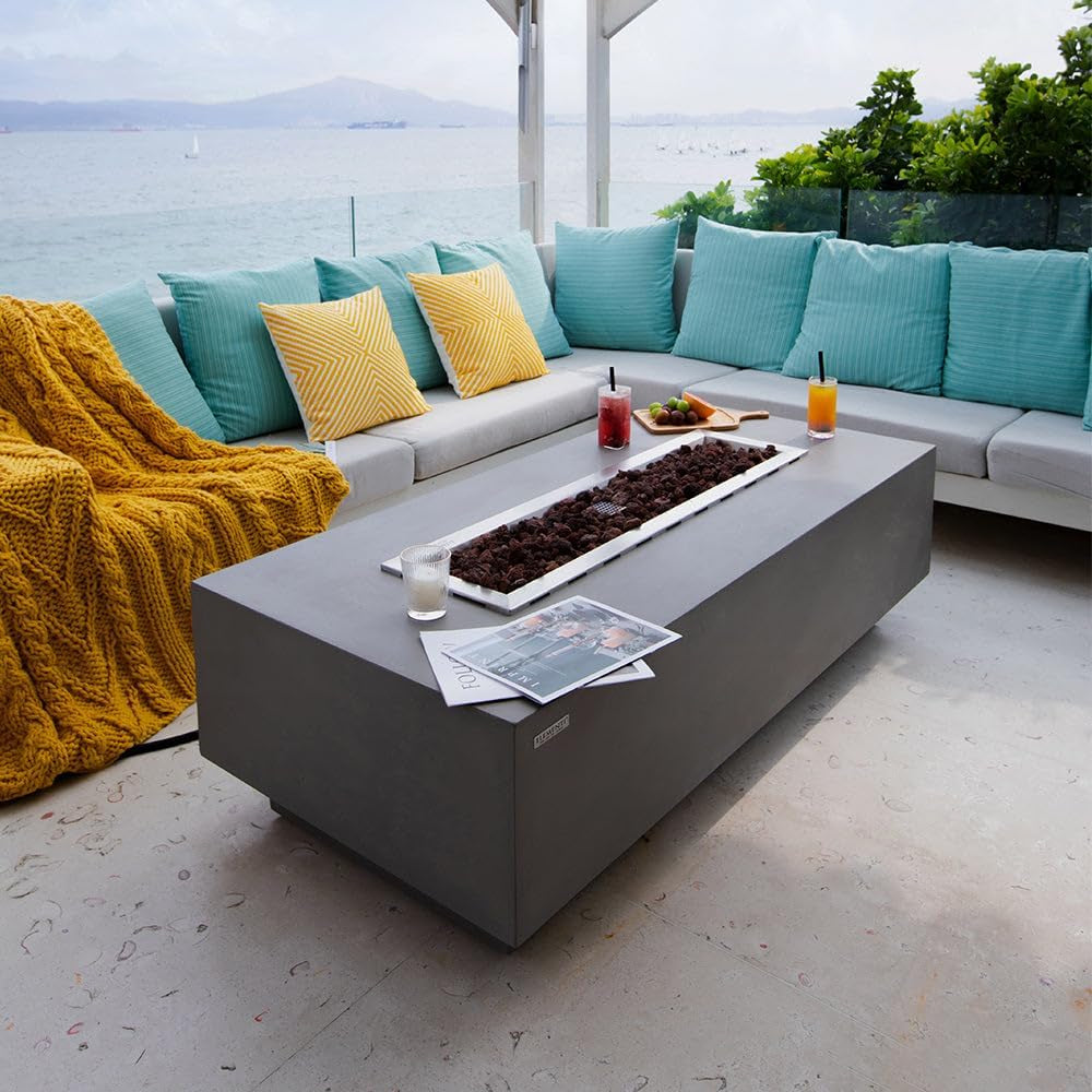 Granville Fire Table Outdoor Fire Pit 60" X 27" Cast Concrete Firepit Includes Lava Rocks 45,000 Btus Outdoor Fireplace for Patio Furniture Set, Deck, Porch, Outdoor Heater - Natural Gas