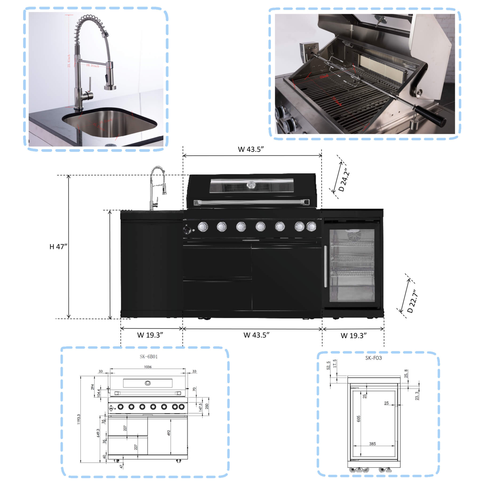 Castelle Flame BBQ Kitchen Grill Island 6-Burner Grill